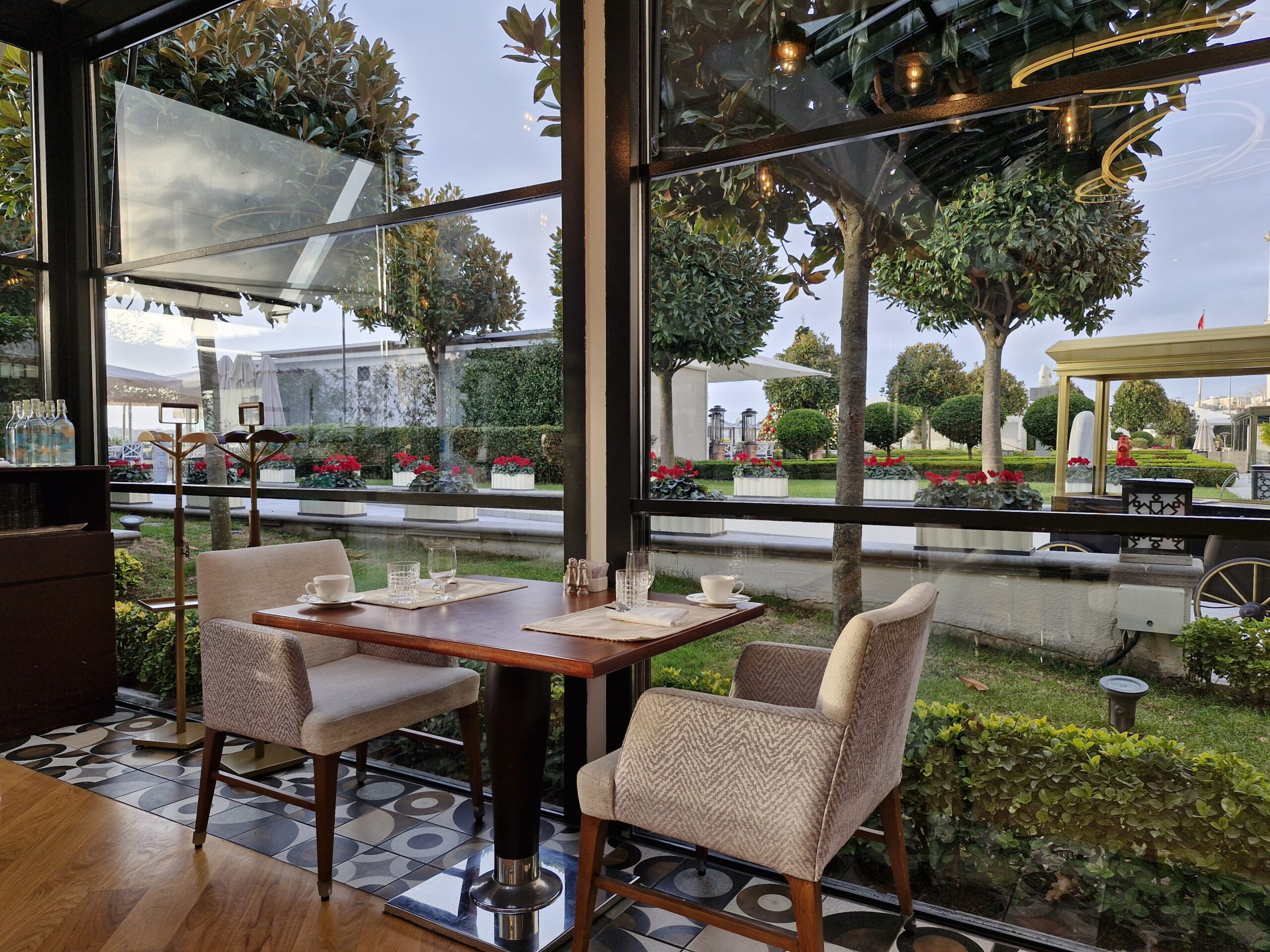 The breakfast room looks over the peace gardens